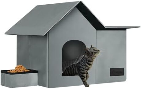 Cat Houses for Outdoor Cats-Large Weatherproof Cat Bed for Indoor Cats,Collapsible Warm Feral Cat Shelter with Removable Soft Mat and Bowl for Winter (Gray, Large)
