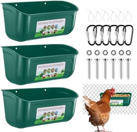 Chicken Feeder Waterer, 3 Pack Duck Feeder Supplies, Hanging Fence Feed Trough with Clips for Goat, Sheeple, Piglet, Gooses, Turkeys, Dog Livestock Poultry,Green