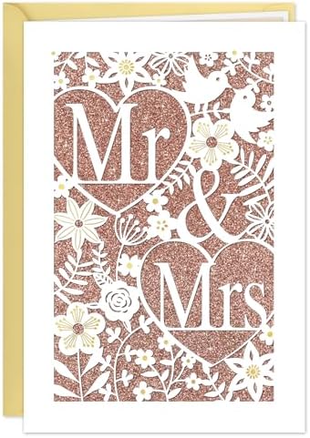 D24TIME Wedding Card for Bride and Groom - Elegant Die-Cut Floral and Birds Design with Glitter Champagne Gold - Personalized Wedding Congratuations Card with Envelope and Sticker 5.5x8in