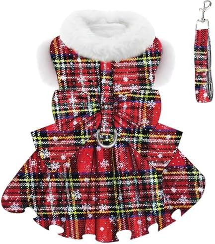 Dog Christmas Sweater Dress with Harness Leash Set Warm Soft Fleece Plaid Clothes for Small Girl Pet Outfit Winter Coat XSmall Dog Dresses