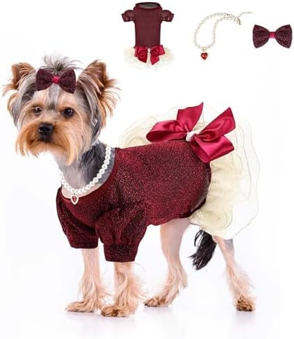 Dog Fancy Dresses for Small Dogs, Sparkly Sequin Pet Princess Dress Holiday Festival Puppy Outfits Pet Apparel Wedding Birthday Thanksgiving Christmas Dress(Burgundy,XS)
