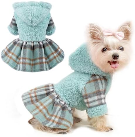 Dog Hoodie Dress Winter Pet Sweaters for Small Dogs Girl Cold Weather Warm Puppy Dresses Plaid Pet Clothes Outfits for Chihuahua Yorkie Teacup Cat Skirt Coat Apparel Clothing (XX-Small, Blue)