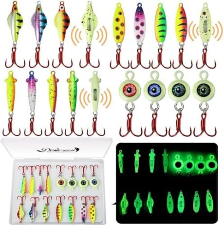 Dovesun Ice Fishing Jigs Ice Fishing Lures Kit Rattling Glow Ice Fishing Spoons for Bass Crappie Panfish Mens Fishing Gifts 15PCS/5PCS/4PCS
