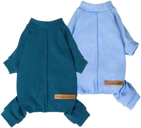 Fitwarm 2 Pack Lightweight Fleece Dog Pajamas, Warm Winter Dog Clothes for Small Dogs Boy Girl, Fuzzy Pet Onesie with Feet, Light Sky Blue, Turquoise, Medium