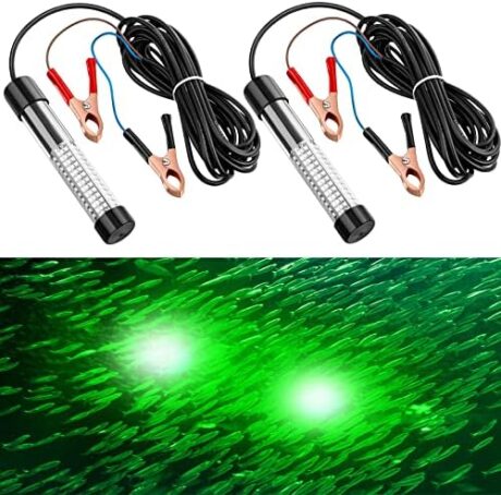 Geelin 2 Pcs 12v 10w Green Underwater Fishing Light Submersible Lure Bait LED Fishing Attracting Light Night Green Glow Finder Lamp for Pool Boat Sea Ice Crappie Squid Shad Shrimp