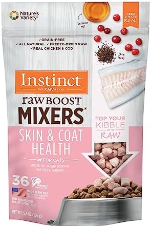 Instinct Raw Boost Mixers, Freeze Dried Cat Food Toppers with Functional Ingredients, Grain Free, Real Chicken - Skin & Coat Health, 5.5 oz Bag
