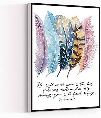 KEJPU Canvas Wall Art Modern Art Print Bible Verse Psalm 91 4 Poster,Birds Feathers Scripture Christian Quotes Painting Artwork Wall Decor For Home Office Wooden Frame Ready To Hang 8"X12"