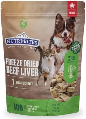 Nutri Bites Freeze Dried Beef Liver Dog & Cat Treats, Single Ingredient High Protein Pet Treats, 17.6 oz