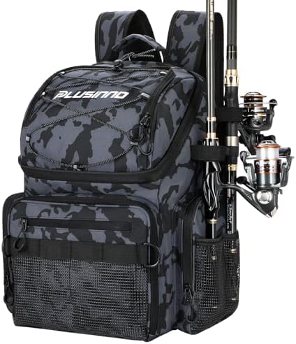 PLUSINNO Cooler Fishing Backpack with Rod Holders 45L Large Water-resistant Fishing Tackle bag Store Fishing Gear Fishing Gifts for Men Father, Sport Bags