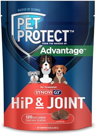 Pet Protect Dog Hip & Joint Supplement for Occasional Joint Stiffness, Vet-Formulated Synovi G3, Dog Glucosamine, Chicken-Flavored Soft Chews (120 Count)