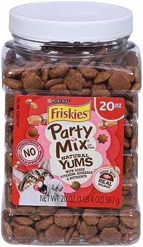 Purina Friskies Natural Cat Treats Party Mix Natural Yums With Real Salmon and Added Vitamins, Minerals and Nutrients - 20 Oz. Canister