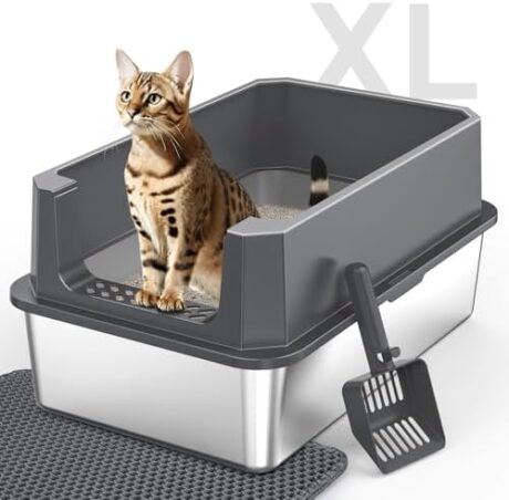 Stainless Steel Litter Box, Extra Large Litter Boxes for Big Cats, XLarge Metal Cat Litter Box with Lid, Anti-Urine Leakage XL Box with High Sides, Easy Clean, Non-Sticky, Scoop Included