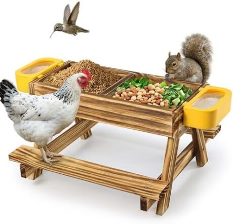 UUMENHA Carbonized Wooden Chicken Picnic Table Feeder with 2 Water Dispensers - No Waste Poultry Feeder, Easy to Clean & Fill, Suitable for Backyard Poultry/Squirrels, chicken Coop Accessories & Decor
