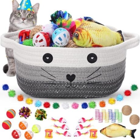 Zopeal 58 Pcs Summer Graduation Cat Storage Basket Gift Toys Set, Colorful Flashing Balls Pet Bell Crinkle Balls Spring Toys Attract Cat to Swat, Hunt, Interactive for Pet(Multicolor,9.8 Inch)