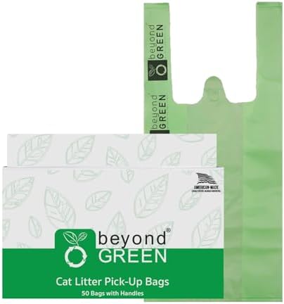 beyondGREEN Cat Litter Waste Bags with Handles, 50 Count – Green – 8" x 16" with 2.5" Gussets – Strong, Easy-Tie Daily Litter Clean-Up Bags