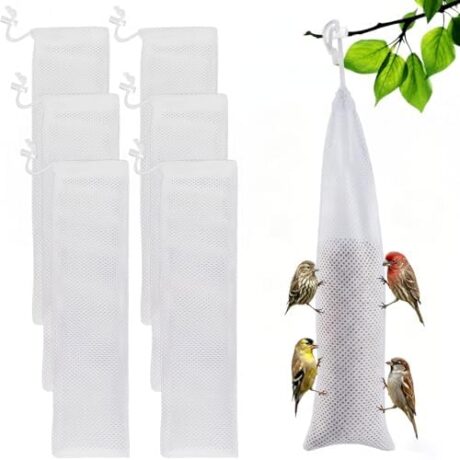 6 Pcs Finch Sock Feeder for Outdoor - Durable Thistle Seed Feeder Sacks with Food Grade Funnels, Bird Food Supply Tools for Garden Yard Wild Finch Feeding (3.9" x 15.7", White)