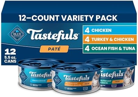 Blue Buffalo Tastefuls Wet Cat Food Paté Variety Pack (Chicken, Turkey & Chicken, Ocean Fish & Tuna) for Adult Cats, Made with Natural Ingredients, 5.5-oz. Each (12 Cans)