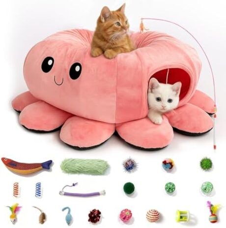 Cat Tunnel Bed with 20 Cat Toys, Collapsible Play Tunnel for Indoor Cats, Kitten Toys for Indoor Kittens, Octopus Shaped