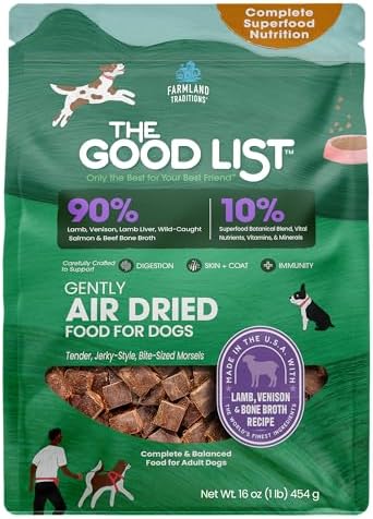 Farmland Traditions The Good List Air-Dried Dog Food, Premium Lamb, Venison, & Bone Broth for Dogs, Protein Rich & Grain-Free Nutrition, 1 Pound Bag