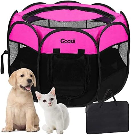 GOOZII Pet Cat Playpen for Indoor Cats Enclosed, Portable Foldable Dog Playpen Outdoor Tent Crate Cage with Zipper Top Cover Door for Kitten Puppy Outside Rv Car Camper (Small Size, Pink)