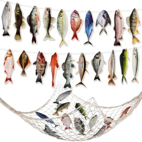 Glenmal 20 Pcs Fish Birthday Party Decorations Gone Fishing String Hanging Banner with 1 Fish Net for Birthday Engagement Retired Outdoor Game Tournament Barbecue Party Backdrop Decor