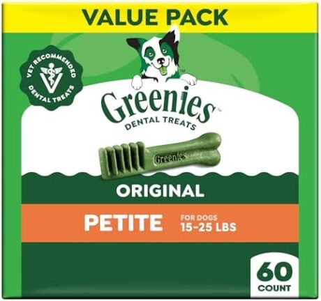 Greenies Veterinarian-Recommended Adult Natural Dental Dog Treats Petite Size, Dog Dental Chews, Original Flavor, 36 oz. Pack, 60 Count