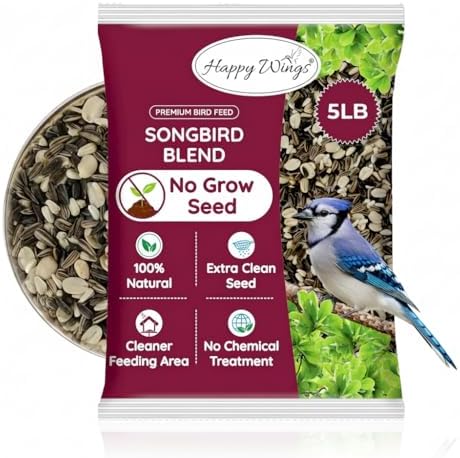 Happy Wings No Grow Bird Seed Mix 5lb - Songbird Bird Seed with Sunflower, Safflower & Peanuts - No Mess Birdseed for Outside Feeders - Suitable Birdseed for Wild Birds