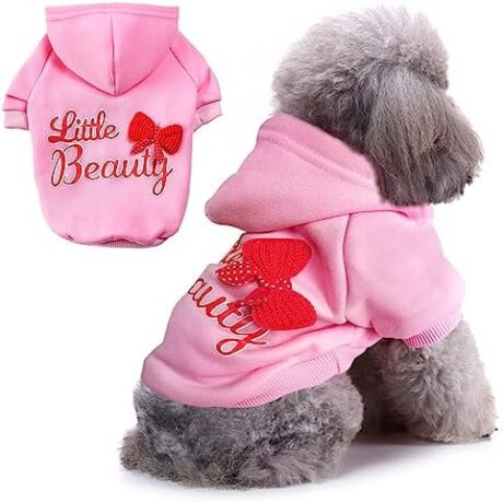 Jecikelon Print Dog Hoodies for Small Dogs with Bow, Soft Fleece Puppy Clothes for Pet Cat, Warm Winter Outfits Cold Weather Coats, Cute Sweatshirt Puppies Costume (X-Small, Y01-Pink)