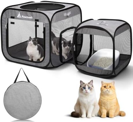Pawtenda Portable Cat Playpen,Foldable Cat Cage,Enclosed Cat Tent for Indoor Outdoor,Movable Pet Crate for Kitten and Puppy(Grey)