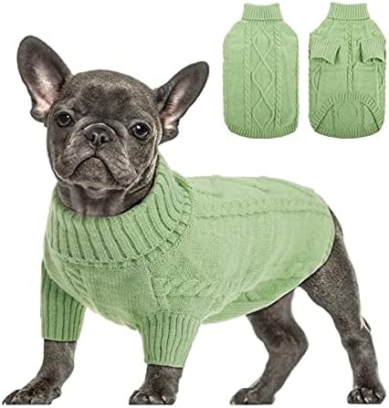 Queenmore Small Dog Pullover Sweater, Cold Weather Cable Knitwear, Classic Turtleneck Thick Warm Clothes for Chihuahua, Bulldog, Dachshund, Pug, Yorkie (Green, Medium)