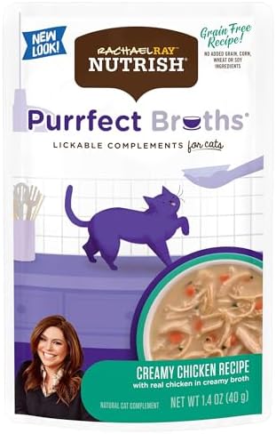 Rachael Ray Nutrish Purrfect Broths Natural Wet Cat Food, Creamy Chicken Bisque with White Meat Chicken & Veggies Recipe, 1.4 Ounce Pouch, Grain Free (Pack of 24)