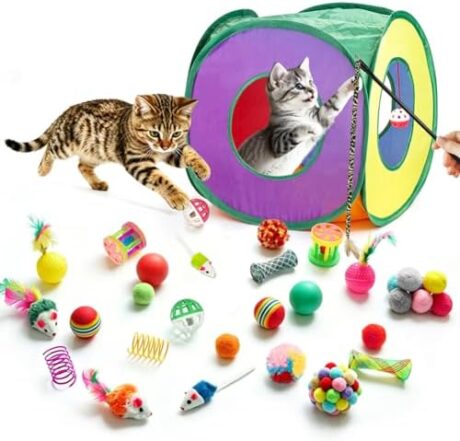 Retro Shaw 33 Pack Cat Toys for Indoor Cats, Collapsible Kitty Tunnel Tent with Feather Teaser Wand, Springs Balls Bell Mouse Interactive Kitten Hideaway Playhouse 15.7 Inches