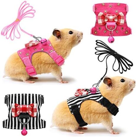 SATINIOR 2 Pieces Small Hamster Harness and Leash Set, Ferret Guinea Pig Clothes with Bowknot and Bell Decor, No Pulling Comfort Padded Vest Striped for Rats Bunny Rabbit Small Animals(S,Black, Pink)