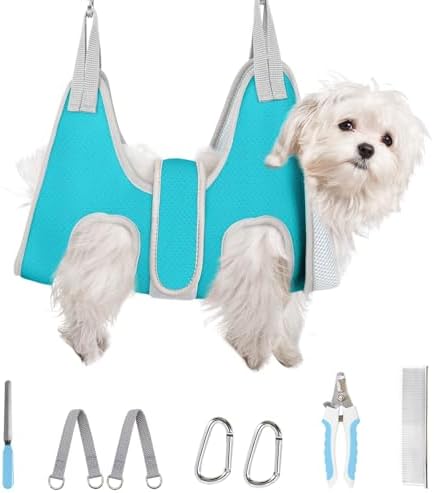 Supet Dog Grooming Hammock for Small Dogs, Dog Hanging Harness for Nail Trimming Doorframe, Pet Holder Restraint for Clipping Nails, Pet Hoist Sling for Cutting Nails at Home (Blue XS)