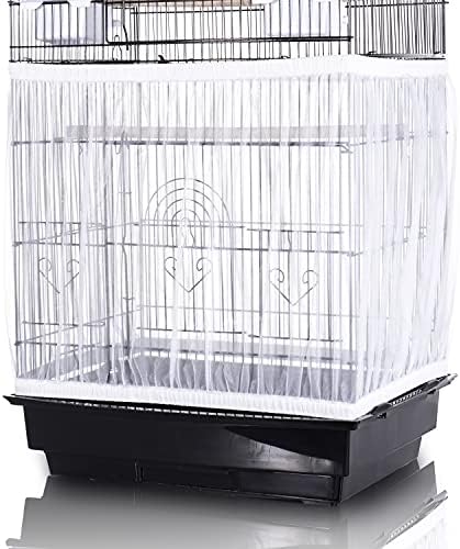 Tamu style Bird Cage Seed Catcher, Large, Stretchy Form Fitting Mesh Skirt Cover for Parrot Enclosures, Light and Breathable Fabric, Prevent Scatter and Mess, Reusable, Adjustable, Lightweight, White