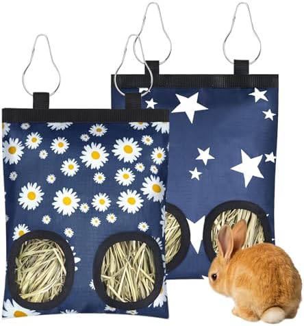 2 Pack Rabbits Hay Feeder Bag, 2 Holes Hanging Bunny Hay Feeder Guinea Pig Feeding Bag Storage Dispenser for Bunny Rabbits Chinchillas Hamsters Small Pets and Animals