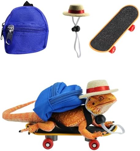 3 Pack Bearded Dragons Accessories Toy Lizard Backpack Adjustable Hat and Mini Skateboard Fit for Lizard Bearded Dragons Hamster Parrot Little Turtle Reptiles Small Animals