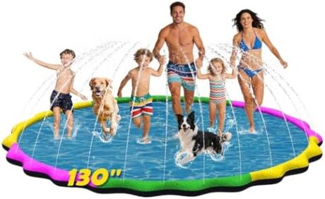 130” Extra Large Non-Slip Splash Pad for Kids & Dogs, 11FT Outdoor Water Sprinkler Pad, 0.5mm Thickened Tear-Resistant PVC, Kids Water Toy & Dog Pool for Backyard Family Fun
