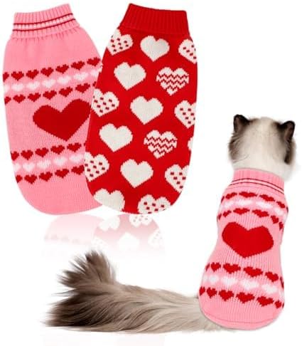 2-Pack Valentine's Day Cat Sweater, Heart Knit Turtleneck, Size S