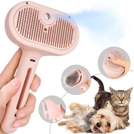 Cat Grooming Brush, Spray Brush for Indoor Cats, Self Cleaning Pet Hair Removal Comb for Long and Short-Haired Cats & Dogs (Pink)