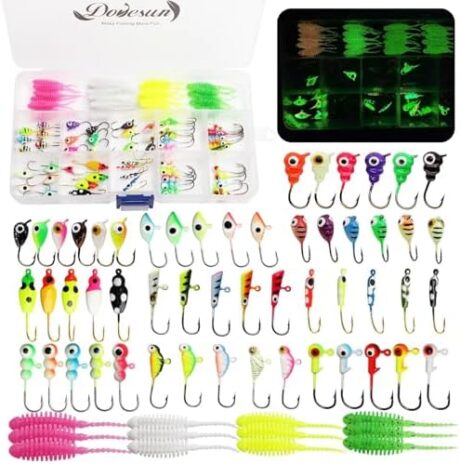 Dovesun Ice Fishing Jigs Kit Ice Fishing Lures Glow in The Dark Fishing Gear Lures 20-93Pcs Jig Head with Tackle Box for Panfish Walleye Crappie Perch Bluegil Trout