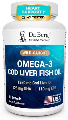Dr. Berg Omega-3 Cod Liver Fish Oil 60 Softgels – Wild-Caught Icelandic Cod – Omega 3 EPA & DHA – Heart, Brain, Immune & Eye Support* – Lemon Flavor – 4X Lab-Tested – Non-GMO, No Fillers