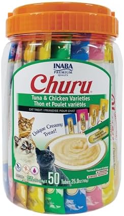 INABA Churu Cat Treats, Lickable, Squeezable Creamy Purée Cat Treat with Green Tea Extract & Taurine, 0.5 Ounces Each Tube, 50 Tubes, Tuna & Chicken Variety