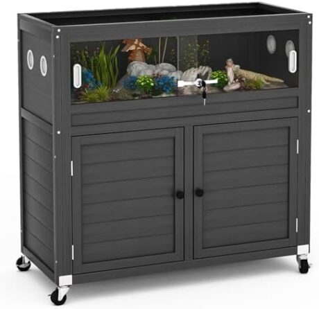 WAYTRIM Reptile Terrarium with Stand, 30 Gallon Reptile Tank with Adjustable Storage Cabinet, Wheels & Metal Mesh Roof Door, Reptile Habitat Enclosure for Snake/Lizard/Gecko